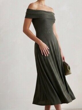 BRAND NEW w/TAG Who What Wear Over Off-Shoulder Olive Green Midi Dress Sz Size M